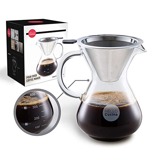 HELLO CUCINA Pour Over Coffee Maker, 13.5 Oz Coffee Dripper, Quality Glass Carafe with Stainless Steel Permanent Filter - A Kitchen Essential