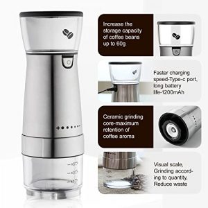 Portable Electric Burr Coffee Grinder, Adjustable Stainless Steel Rechargeable Coffee Bean Grinder Machine, with 5 Grind Setting for Espresso Drip Pour Over French Press