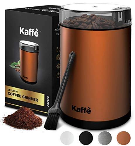 Kaffe Electric Coffee Grinder - Copper - 3oz Capacity with Easy On/Off Button. Cleaning Brush Included. Grind Fresh Coffee Beans Every Time!