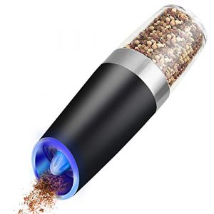 Electric Pepper Grinder and Salt Mill Set Spice Tall Power Shaker, Gravity Control Battery Powered With Blue LED Light, Adjustable Ceramic Coarseness (Black)