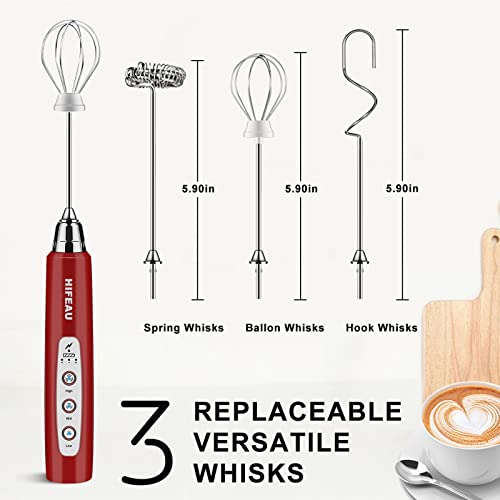 Milk Frother Handheld with 3 Heads, Coffee Whisk Foam Mixer with USB Rechargeable 3 Speeds, Electric Mini Hand Blender for Latte, Cappuccino, Hot Chocolate, Egg - Red