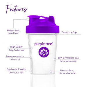 Protein Shake Bottle, Leak Proof Mixer Cup with Stainless Steel Blending Ball | 20 Oz Shaker Blender for Protein, Hydration & Supplement Mixes - Purple Tree