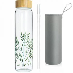 Ferexer 32 oz Glass Water Bottle with Straw, Borosilicate Glass Bottle with Bamboo Lid and Neoprene Sleeve (Leaves)