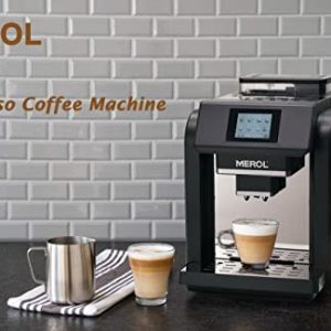 MEROL Automatic Espresso Coffee Machine, Programmable 19-Bar Pressure Pump Coffee Maker, Burr Grinder, with Milk Frother for Cafe Americano, Latte and Cappuccino Drinks, Black