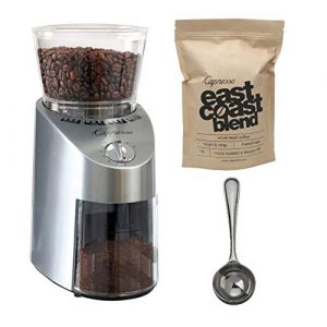 Capresso 565.05 Infinity Conical Burr Grinder Bundle with East Coast Blend and Coffee Measure (3 Items)