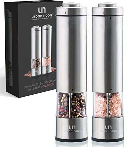 Electric Salt and Pepper Grinder Set - Battery Operated Stainless Steel Mill with Light (2 Mills) - Automatic One Handed Operation - Electronic Adjustable Shakers - Ceramic Grinders