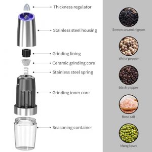 Electric Gravity Pepper Grinder set of 2, Automatic Salt and Pepper Mill Grinder, Adjustable Roughness, Battery Powered, Blue LED Light, Stainless Steel with One Hand Operation (Sliver 2 pack)