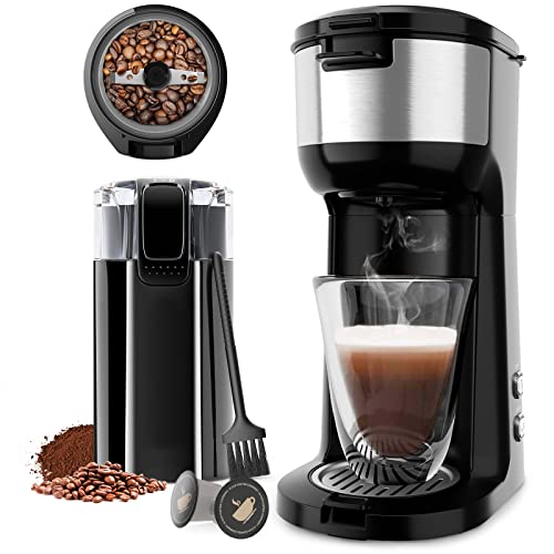 Coffee Maker With Grinder, Single Serve Coffee Maker for K-Cup Pod & Ground Coffee, Electric Coffee Grinder for Coffee Beans and Spices, Stainless Steel Blades
