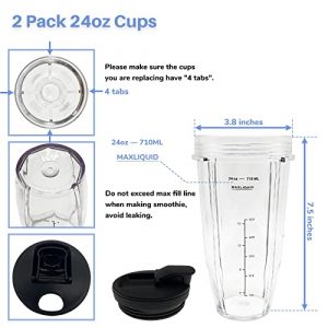 Blender 24 oz Cups with Lids & 7 Fins Extractor Blade Replacement Parts Compatible with Nutri Ninja Auto iQ BL450-30 BL455-30 BL456-30 BL480-30 BL482-30 BL494 BL640 BL680 BL682 BN801 CT680W CT682SP
