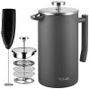 Veken French Press Coffee Tea Maker 34oz, 304 Stainless Steel Insulated Coffee Press with 4 Filter Screens Milk Frother, Rust-Free, Dishwasher Safe, Grey