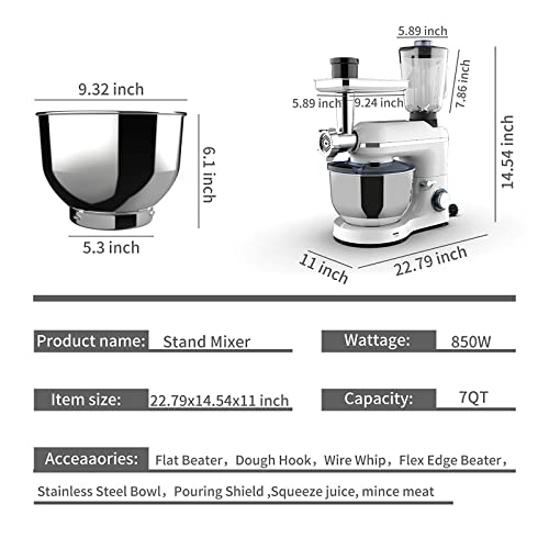 6.5 QT Stand Mixer 850W Kitchen Food Standing Mixer with 6 Speed and Pulse, 3 in 1 Home mixer with Stainless Steel Bowl, Dough Hook, Whisk, Beater, Meat Blender and Juice Extractor White
