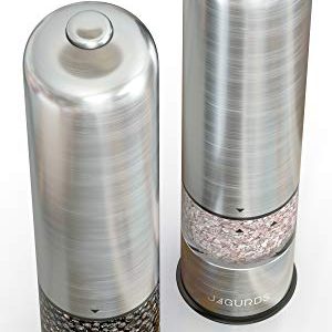 Electric Salt and Pepper Grinder Set - Automatic, Refillable, Battery Operated Stainless Steel Spice Mills with Light - One Handed Push Button Peppercorn Grinders and Sea Salt Mills
