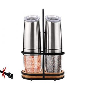 Finnhomy Gravity Electric Salt and Pepper Grinder set, Automatic Operation Pepper and Salt Mill with Stand, Adjustable Coarseness, Battery Powered with LED Light, One Hand Automatic Operation, 2 Pack