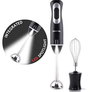 Gourmia GHB2360 12 Speed Illuminating Immersion Hand Blender with Turbo Mode - Comfortable Ergonomic Handle - Whisk Attachment Included - Integrated LED Spotlight - 300 Watt Motor - Black