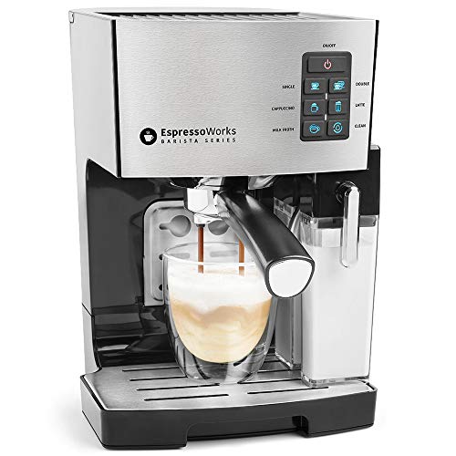 Espresso Machine, Latte & Cappuccino Maker- 10 pc All-In-One Espresso Maker with Milk Steamer (Incl: Coffee Bean Grinder, 2 Cappuccino & 2 Espresso Cups, Spoon/Tamper, Portafilter w/ Single & Double Shot Filter Baskets), 1250W, (Silver)