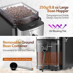 Conical Burr Coffee Grinder, CHEFFANO Electric Coffee Bean Grinder [150W Max] with 8.8oz Large Bean Hopper & 17 Grinding Settings & High Up to 12 Cups Options for Espresso, French, Percolator Maker