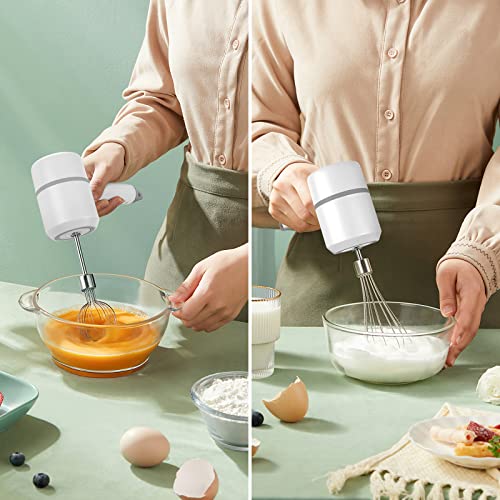Gintan Cordless Hand Mixer Electric with the Function of Chopper, 3-in-1 Speed Change Hand Mixer for Kitchen Baking and Baby Food Etc, with 304 Stainless Steel Egg Beater, BPA-free Food Chopper (White)