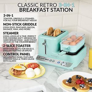 Nostalgia CLBS3AQ Classic Retro 3-in-1 Breakfast Station, 2-Wide Slot Toaster With Adjustable Toasting Control, Non-Stick Griddle For Bacon, Ham, Sausage, Hashbrowns & Omelettes, 6 Capacity Egg Cooker
