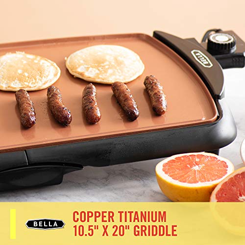 BELLA Electric Ceramic Titanium Griddle, Make 10 Eggs At Once, Healthy-Eco Non-stick Coating, Hassle-Free Clean Up, Large Submersible Cooking Surface, 10.5" x 20", Copper/Black