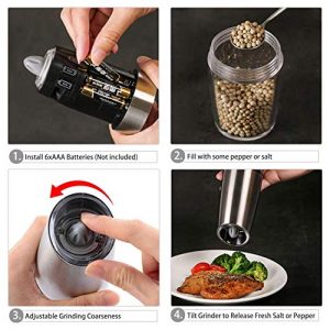 WEICHUANGXIN Gravity Electric Salt and Pepper Grinder , Automatic Operation Pepper and Salt Mill, Adjustable Coarseness, Battery Powered Grinding Pepper with Blue LED Light (1, Black)