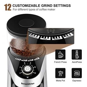 Electric Burr Coffee Grinder with 12 Precise Grind Settings, Automatic Burr Mill Coffee Bean Grinder for 2-12 Cups, Stainless Steel