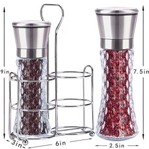 AAILDEHY Salt and Pepper Grinder Set of 2 - Stainless Steel Salt and Pepper Mill with Adjustable Coarseness - Ceramic Pepper Grinder Refillable - Glass Spice & Kosher Salt Shaker with Stand