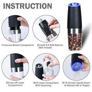 2 Pack Gravity Electric Salt and Pepper Grinder Set Automatic Battery Powered Salt Mill, Adjustable Coarseness, with Blue LED Light, One Hand Operated