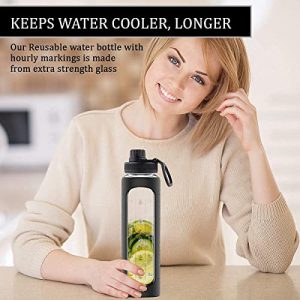 32 oz Glass Water Bottle with Time Marks and Black Silicone Sleeve - EXTRA LID, 32 Ounce Motivational Water Bottles for Hydration, Reusable, Wide Mouth, Leakproof, 1 Liter Glass Drinking Bottle, BPA Free