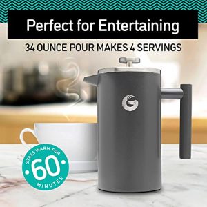 Coffee Gator French Press Coffee Maker- Insulated, Stainless Steel Manual Coffee Makers For Home, Camping w/ Travel Canister- Presses 4 Cup Serving- Large, Gray (34 fl oz)