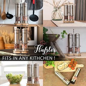Electric Salt and Pepper Grinder Set -Battery Operated Stainless Steel Salt&Pepper Mills(2) by Flafster Kitchen -Tall Power Shakers with Stand - Ceramic Grinders with lights and Adjustable Coarseness