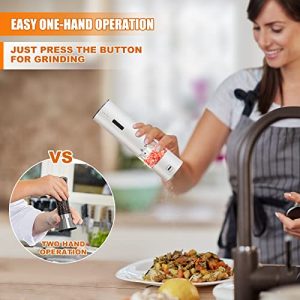 USB Rechargeable Salt and Pepper Mill Timing Electric Grinder Set- Myle Stainless Steel One-Hand Automatic Operation Adjustable Coarseness LED Light Grinder for Home Picnic Barbecue - White & Black