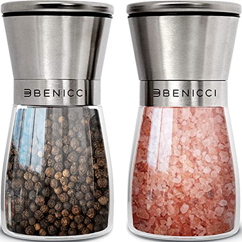 Beautiful Stainless Steel Salt & Pepper Grinders Refillable Set - Two 5 oz Salt / Spice Shakers with Adjustable Coarse Mills - Easy Clean Ceramic Grinders with BONUS Wooden Spoon and Cleaning Brush