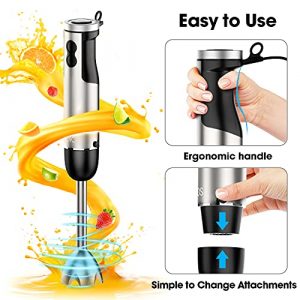 KOIOS Powerful 800W 4-in-1 Hand Immersion Blender 12 Speeds, Includes 304 Stainless Steel Stick Blender, 600ml Mixing Beaker, 500ml Food Processor, and Whisk Attachment, Multi-Purpose, BPA-Free