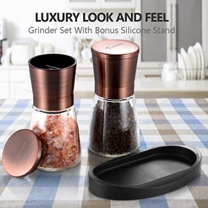 Pepper Grinder, Salt and Pepper Mills with Silicone Stand (2 pcs) Brozen Painting Stainless Steel, Set of Salt and Pepper Grinders with Easy Adjustable Ceramic Coarseness, Glass Body
