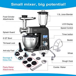 AIFEEL Stand Mixer 800W, All Metal 8 in 1 Kitchen Electric Dough Mixer with Meat Grinder, Blender,dough hook, whisk, beater, pasta disc etc, 8 Speed, 5.5L Bowl, LCD Screen with Timing Function
