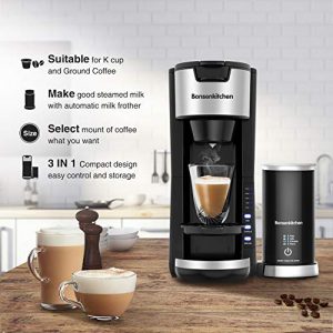 Singles Serve Coffee Makers With Milk Frother, 2-In-1 Coffee Machine For K Cup Pod & Coffee Ground, Latte and Cappuccino Maker, Built in Portable Electric Milk Steamer