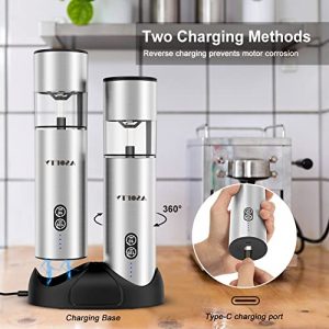 Rechargeable Electric Salt and Pepper Grinder Set, ASOFTY Dual Charging Smart Timing Automatic Salt Pepper Mill with Charging Base, LED Light, Adjustable Coarseness, Refillable, Stainless Steel
