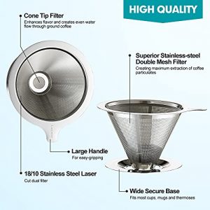 Laiyeoy Pour Over Coffee Dripper, Slow Drip Paperless Coffee Filter, Stainless Steel Pour Over Coffee Maker for Single Cup Brew, Double Mesh Design of Manual Reusable Cone Filter.
