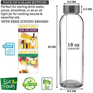 Brieftons Glass Water Bottles With Caps: Clear, 6 Pack, 18 Oz, Leakproof Lids, Premium Soda Lime, Best As Reusable Drinking Bottle, Sauce Jar, Juice Beverage Container, Kefir Kit, With Cleaning Brush
