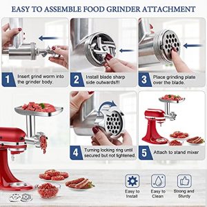 Metal Food Grinder Attachment for KitchenAid Stand Mixers, BQYPOWER Meat Grinder Attachment Included 2 Sausage Stuffer Tubes, 3 Grinding Blades, 3 Grinding Plates…