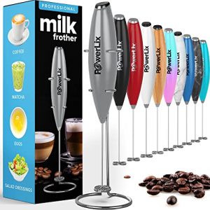 PowerLix Milk Frother Handheld Battery Operated Electric Whisk Foam Maker For Coffee, Latte, Cappuccino, Hot Chocolate, Durable Mini Drink Mixer With Stainless Steel Stand Included (Silver)