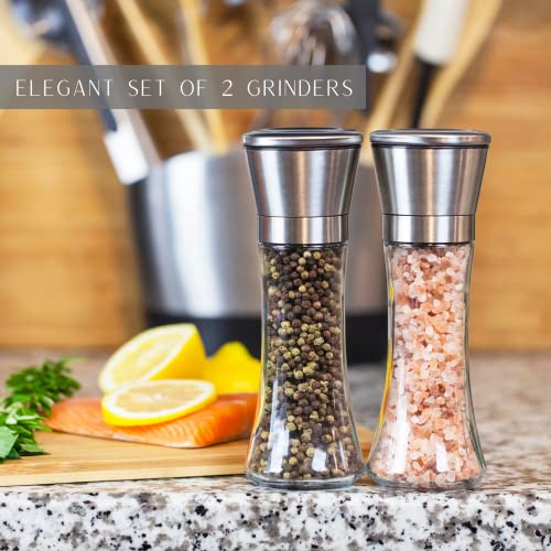 Gorgeous Salt And Pepper Grinder Set - Refillable Stainless Steel Shakers With Adjustable Coarse Mills - Enjoy Your Favorite Spices, Fresh Ground Pepper, Himalayan Or Sea Salts