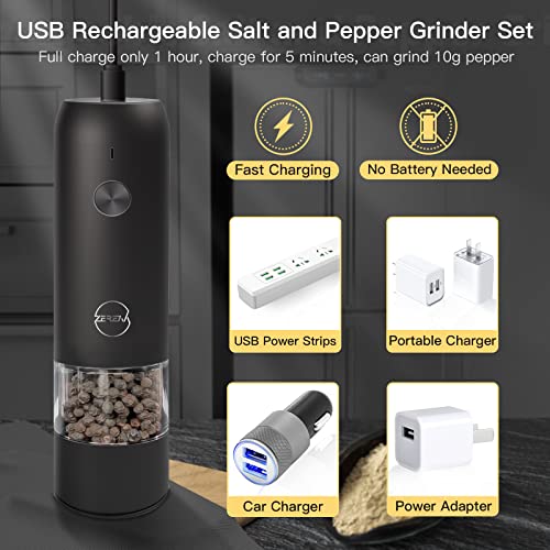 Electric Salt and Pepper Grinder Set - USB Rechargeable, LED Lights, Black Automatic Pepper and Salt Mill Grinder Set Refillable, Adjustable Coarseness, One Hand Operation (Black 2 Pack)