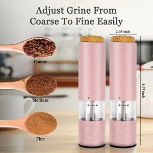 Electric Pepper Grinder Automatic Salt Grinder Set Wheat Fiber Material One Hand Operated Mill 2 packs of Battery Powered Shakers with Ceramic Blades and Adjustable Coarseness (Pink)