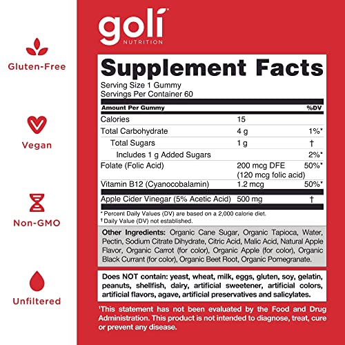 Goli® Apple Cider Vinegar Gummy Vitamins (1 Pack, 60 Count, Gelatin-Free, Gluten-Free, Vegan & Non-GMO Made with Essential Vitamins B9 & B12)