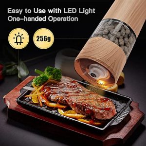 Electric Salt and Pepper Grinder Set USB Rechargeable - Wooden Color, USB Type-C Cable, LED Lights, Automatic Pepper Mill Refillable, Adjustable Coarseness Shakers, One Hand Operation