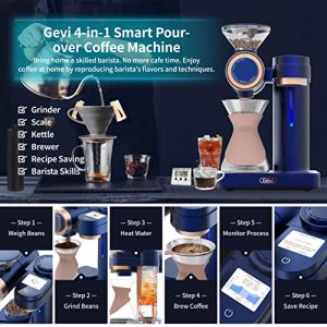 Gevi 4-in-1 Smart Pour-over Coffee Machine Fast Heating Brewer With Built-In Grinder, 51 Step Grind Setting, Automatic Barista Mode, Custom Recipes, Descaling Function, Blue, Aluminum, 1000W, 120Volts