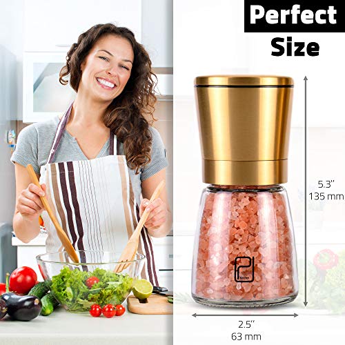 Gold Salt and Pepper Grinder Set - Golden Salt and Pepper Shaker Mill - Brass Pepper Grinders Refillable - Adjustable Coarseness - Sea Salt, Black Peppercorn