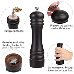Black Pepper Mill Grinder Refillable, JORGTYRA 9 Inch Wood Pepper Mills with Adjustable Stainless Steel Precision Mechanism Suitable for Home, Kitchen, Barbecue, Party