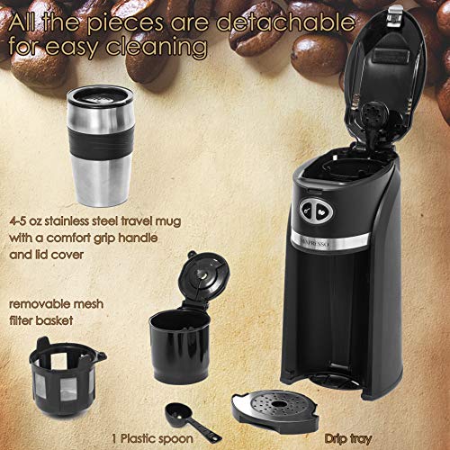Mixpresso 2 in 1 Grind & Brew Automatic Personal Coffee Maker, Automatic Single Serve Coffee Maker with Grinder Built-In and 14oz Travel Mug, Auto Shut Off Function & Reusable Eco-Friendly Filter, Black Travel Coffee Maker